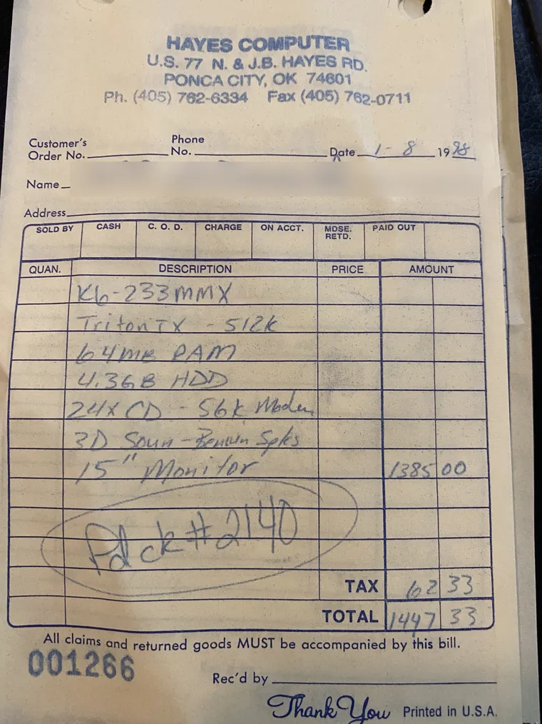 Hayes Computer sales receipt from January 8, 1998 for a custom AMD K6-233 MMX computer