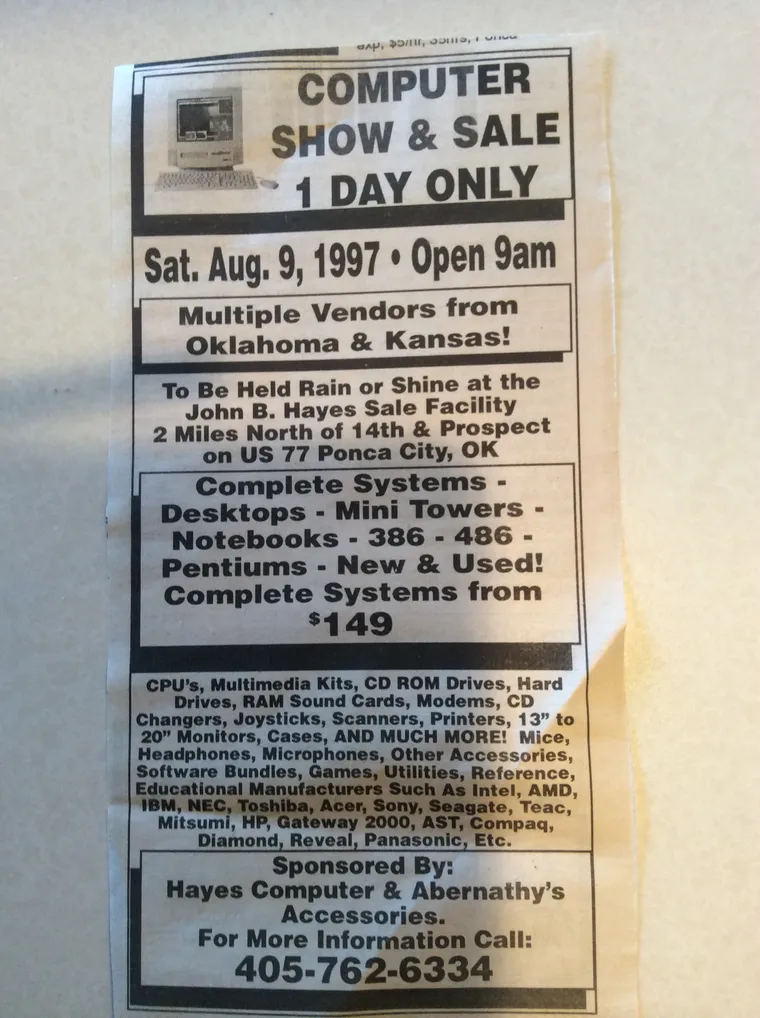Newspaper ad for a Computer Show and Sale on August 9, 1997 at the John B. Hayes auction facility in Ponca City