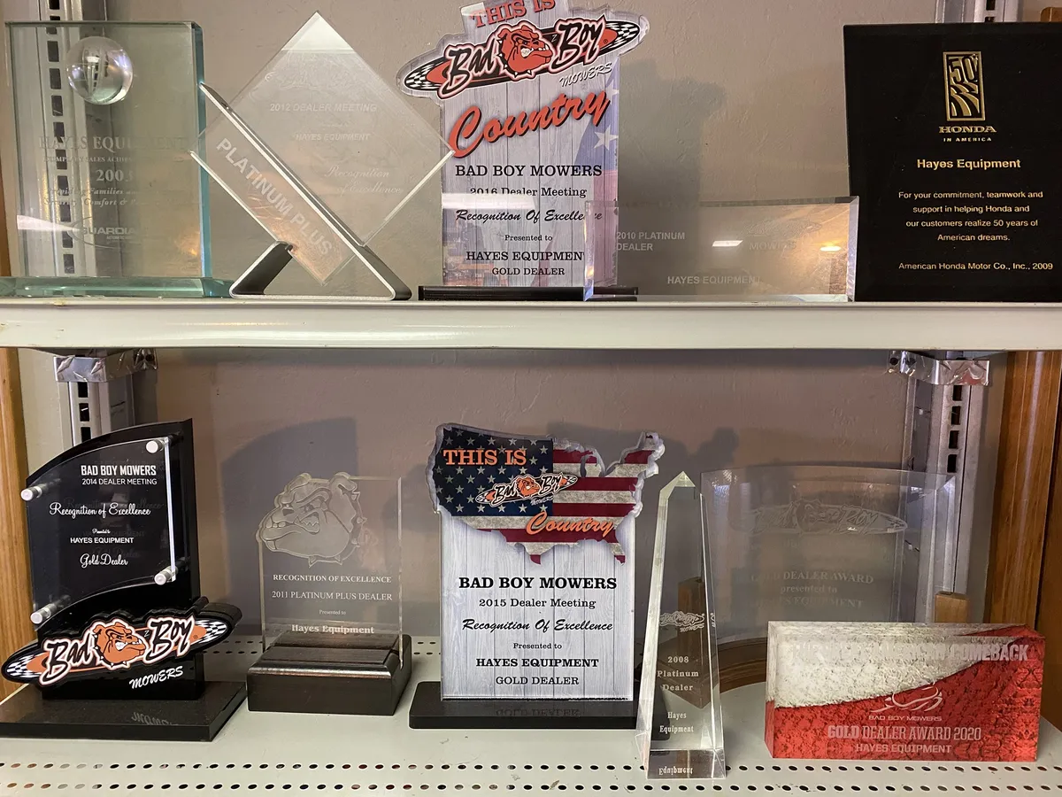Hayes Equipment dealer awards from Bad Boy Mowers, American Honda and Generac Guardian generators