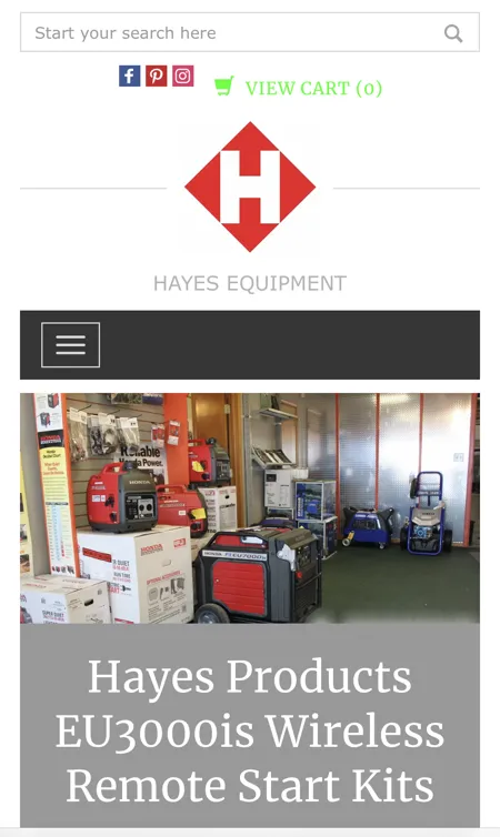 Later version of hayesequipment.com with a shopping cart, Hayes Equipment logo and Hayes Products EU3000is wireless remote start kits