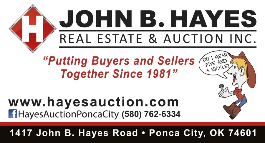 John B. Hayes Real Estate and Auction Inc. card, Putting Buyers and Sellers Together Since 1981, with a cartoon auctioneer asking Do I hear five and a nickel