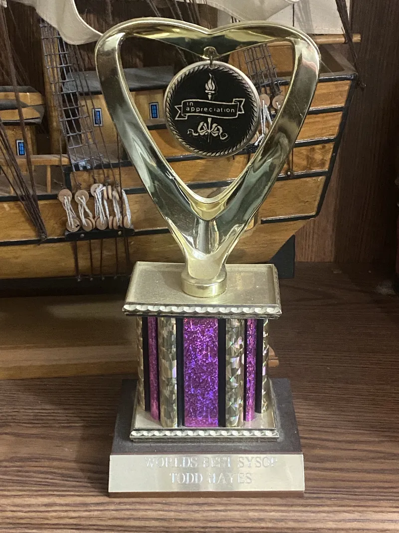 Worlds Best SysOp trophy engraved for Todd Hayes, given by Purple Haze BBS users